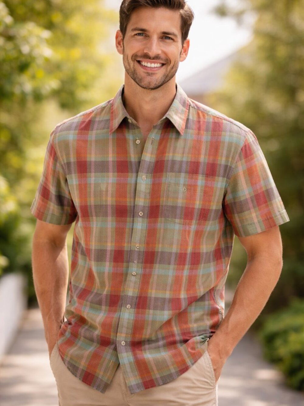 Haupt Germany Plaid Shirt Men M Short Sleeve Cotton Euro Casual